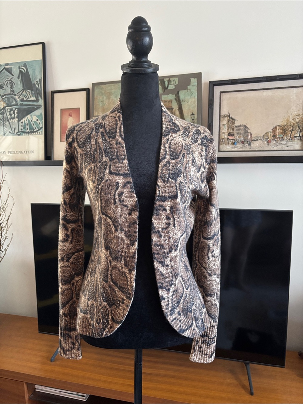 Neiman Marcus Snake-Print Open Front Cashmere Sweater